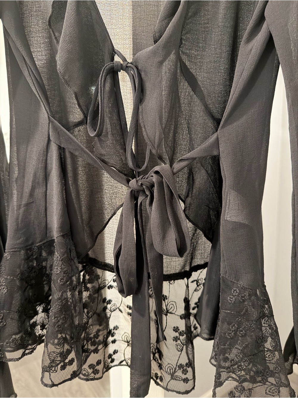 Kimchi blue Sheer Black Tie-Front Ruffle Blouse - Picture 2 of 5